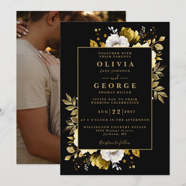 Invitación Boda de fotografía floral botánica elegante de oro (Anverso / Reverso)