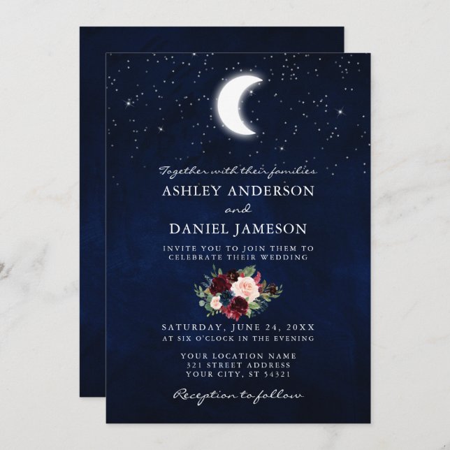 Invitación Boda de fotografía floral celestial de Luna y Estr (Anverso / Reverso)
