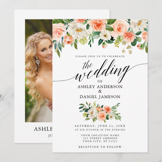 Invitación Boda de fotografía floral de caligrafía coral (Anverso / Reverso)
