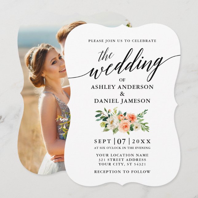 Invitación Boda de fotografía floral de caligrafía coral (Anverso / Reverso)