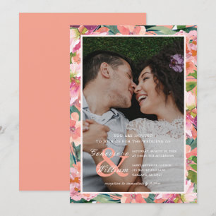 Invitación Boda de fotografía floral de coral moderno y color