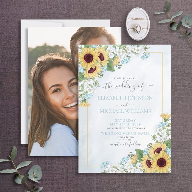 Invitación Boda de fotografía floral de girasol azul y agitad (Subido por el creador)