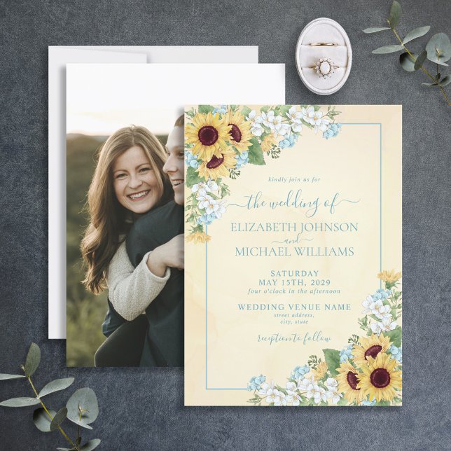 Invitación Boda de fotografía floral de girasol azul y agitad (Subido por el creador)