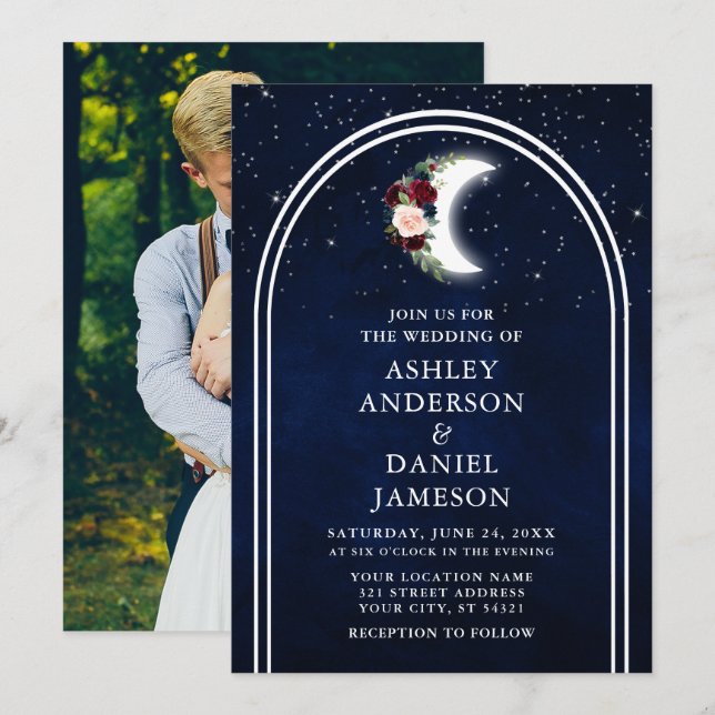 Invitación Boda de fotografía floral de las estrellas celeste (Anverso / Reverso)