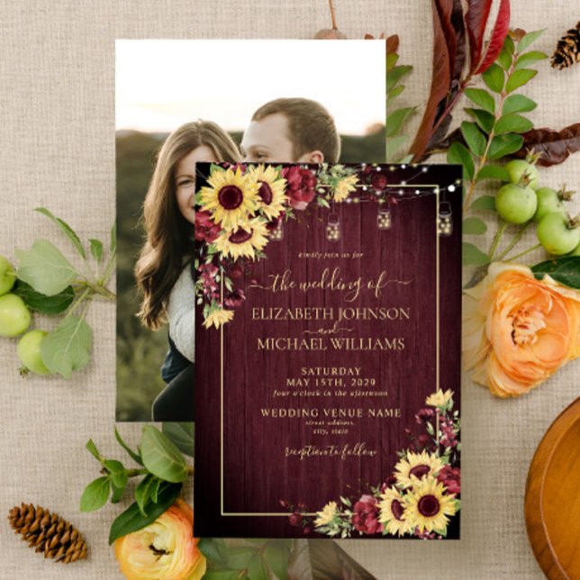 Invitación Boda de fotografía floral de madera de borgoña gir (Subido por el creador)