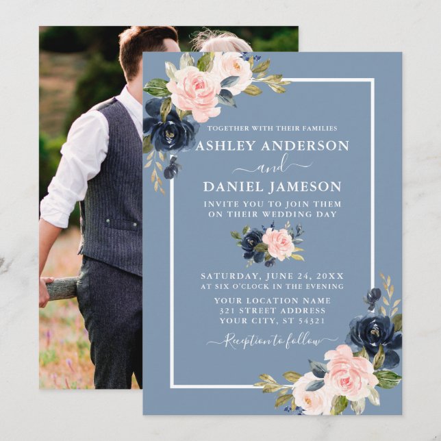 Invitación Boda de fotografía floral de Rubor rosa azul turbi (Anverso / Reverso)