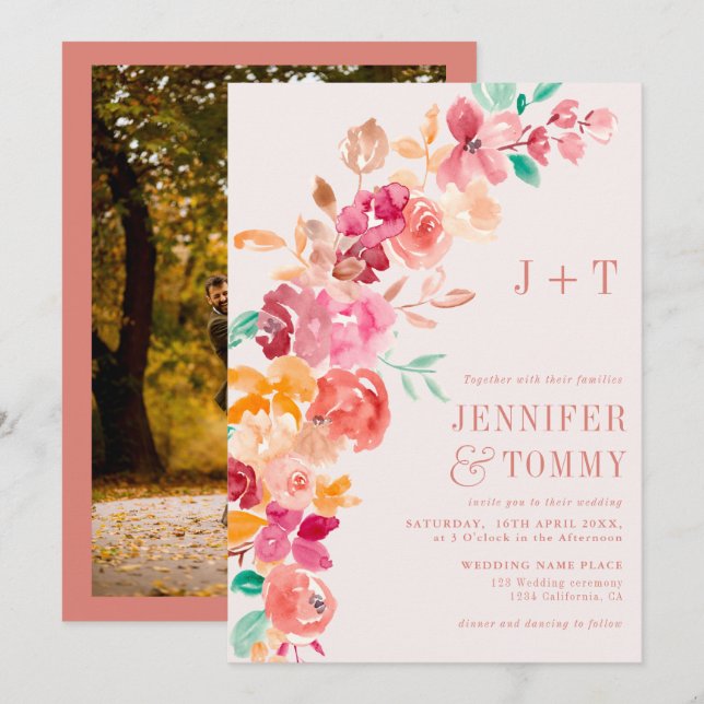 Invitación Boda de fotografía floral de terracota de otoño rú (Anverso / Reverso)
