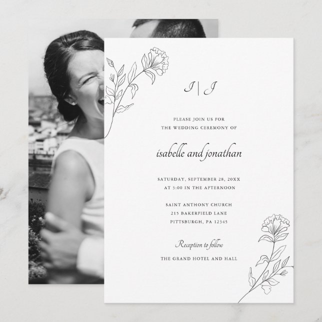 Invitación Boda de fotografía floral dibujado en modo moderno (Anverso / Reverso)