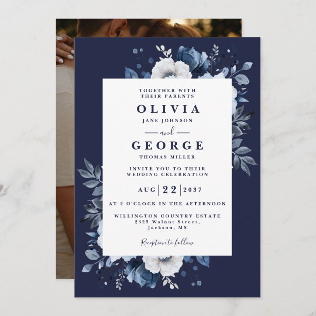 Invitación Boda de fotografía floral elegante de Navy Blue Ru (Anverso / Reverso)
