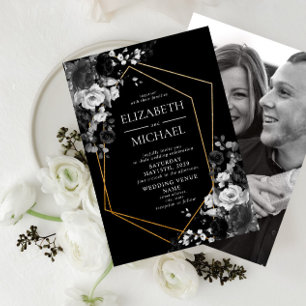 Invitación Boda de fotografía floral geométrica de oro negro