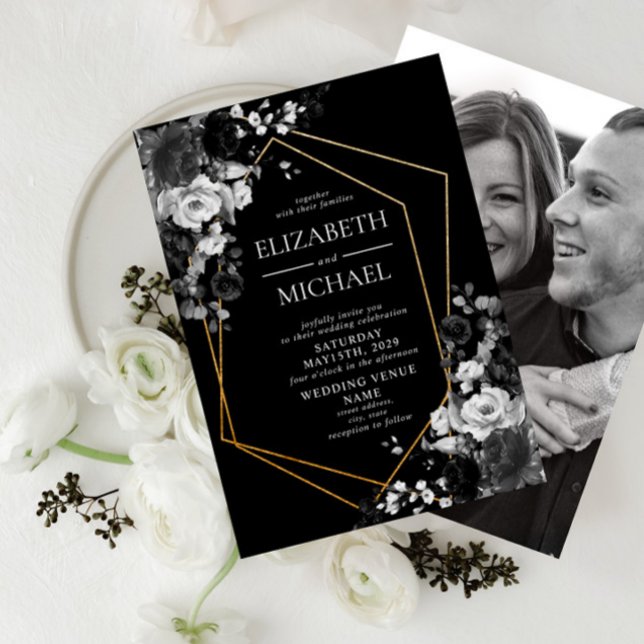 Invitación Boda de fotografía floral geométrica de oro negro  (Subido por el creador)
