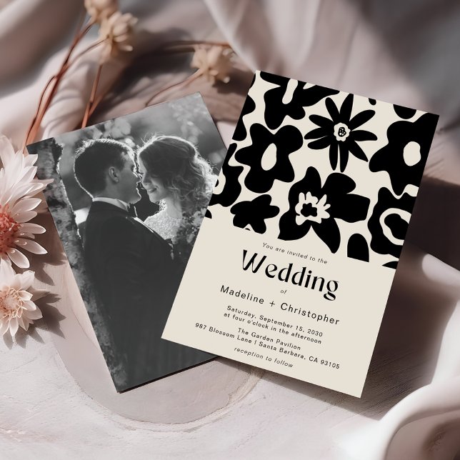 Invitación Boda de fotografía floral retro negrita (Subido por el creador)