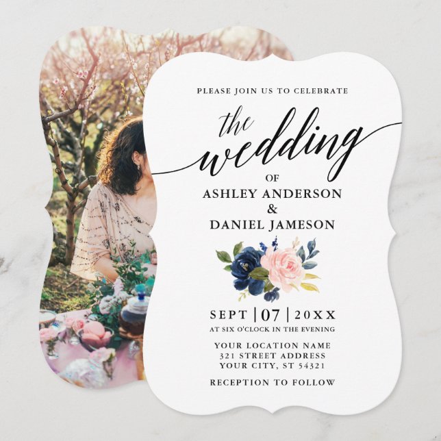 Invitación Boda de fotografía floral rosa azul con caligrafía (Anverso / Reverso)