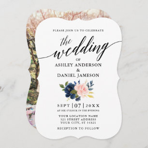 Invitación Boda de fotografía floral rosa azul con caligrafía