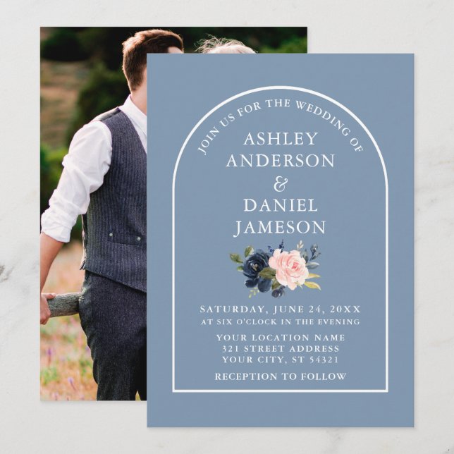 Invitación Boda de fotografía floral rosa azul turbulento en  (Anverso / Reverso)