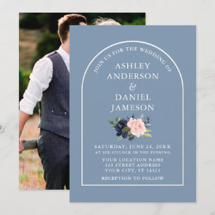 Invitación Boda de fotografía floral rosa azul turbulento en