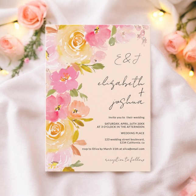 Invitación Boda de fotografía floral rosa de melocotón romant (Romantic peach pink yellow floral photo wedding invitation)