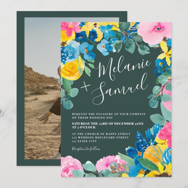 Invitación Boda de fotografía floral verde ruidoso y audaz ve (Anverso / Reverso)