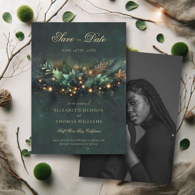 Invitación Boda de fotografía forestal encantado Save Date (wedding save the date enchanted forest fairytale magical garden fairy lights gold calligraphy)