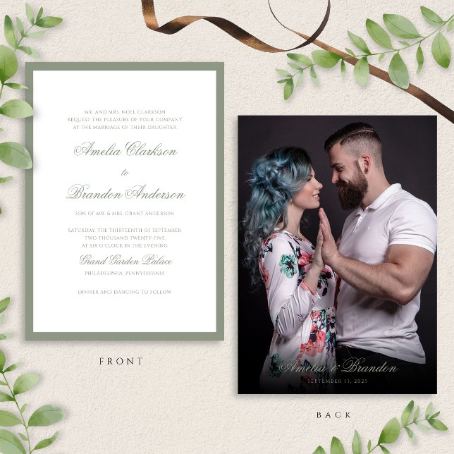 Invitación Boda de fotografía formal clásica Sage Green y Scr (Subido por el creador)