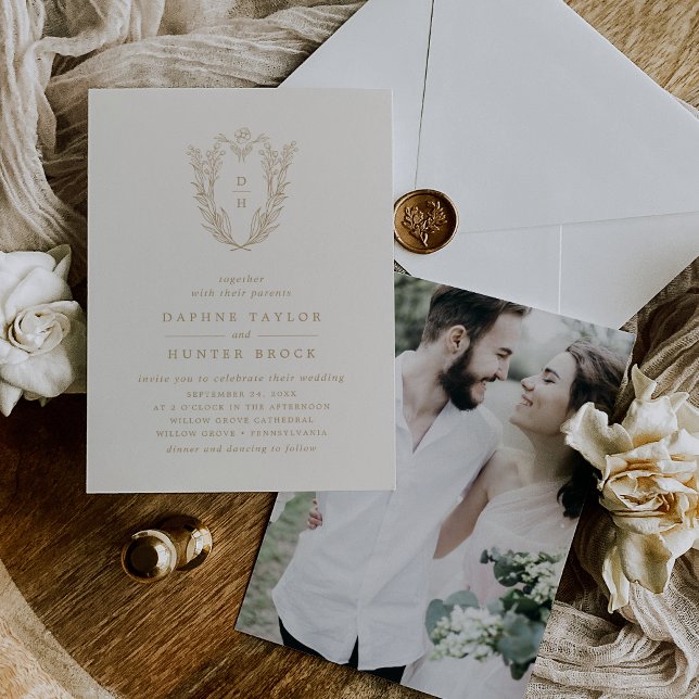 Invitación Boda de fotografía formal DAPHNE Classic Cream Gol (DAPHNE Classic Cream Gold Formal Photo Wedding Invitation)
