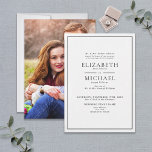 Invitación Boda de fotografía formal simple en blanco y negro<br><div class="desc">Una clásica invitación a una boda con fotos en blanco y negro, con la foto de compromiso de la pareja en la parte de atrás. Muchas gracias por apoyar a nuestra pequeña empresa, ¡realmente lo apreciamos! Estamos tan contentos de que te guste tanto este diseño como nosotros, y nos encantaría...</div>