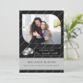 Invitación Boda de fotografía Gay y Lesbian Black Pinstripe