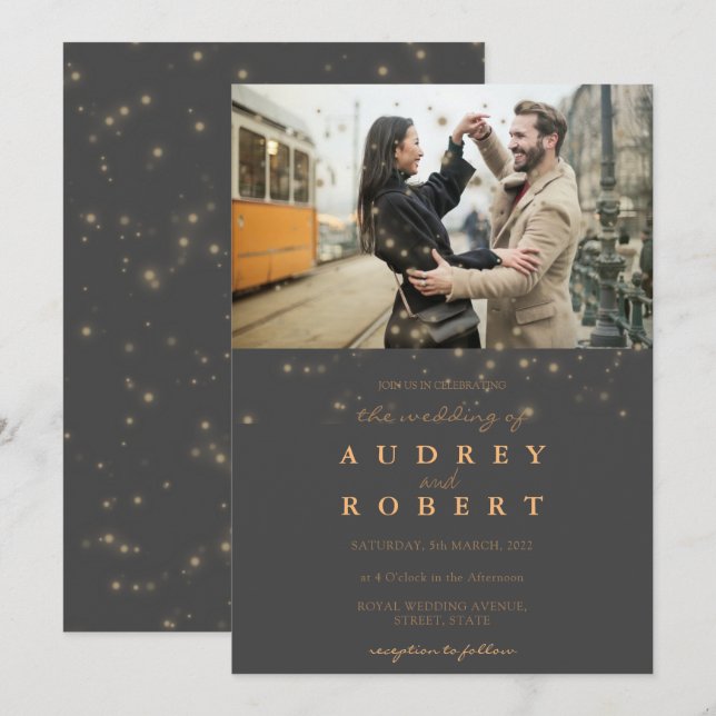 Invitación Boda de fotografía gris Purpurina de oro de moda (Anverso / Reverso)