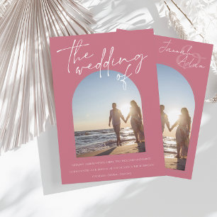 Invitación Boda de fotografía inicial del arco rosa magenta m