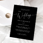 Invitación Boda de fotografía minimal de Black Modern<br><div class="desc">Tarjeta de plantilla mínima de invitación a boda con texto de escritura moderno en un fondo negro. Personalizar esta invitación añadiendo la información de su propio boda. Perfecto para cualquier boda de temporada. Puedes añadir tu foto de compromiso en la parte posterior.</div>