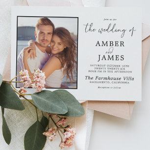 Invitación Boda de fotografía Minimalista moderna en blanco y