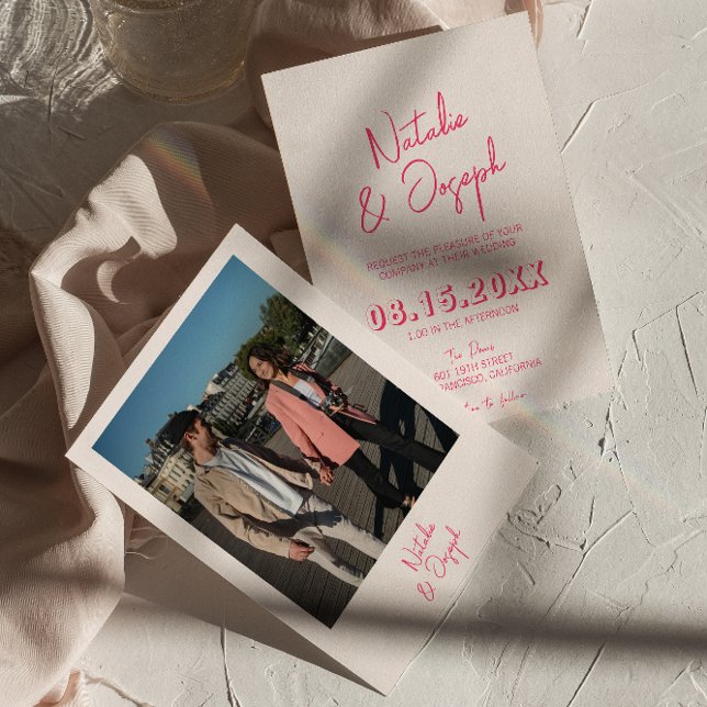 Invitación Boda de fotografía moderna de color rosa brillante (Subido por el creador)