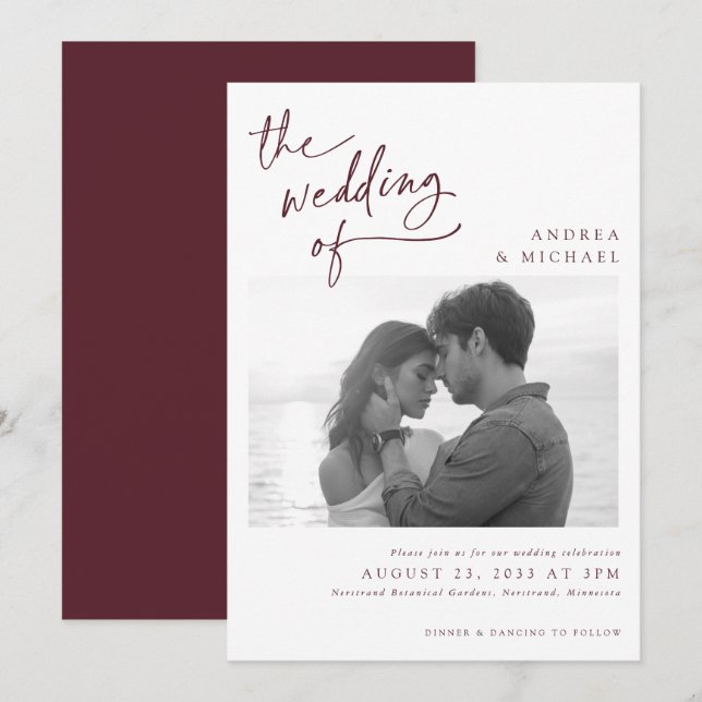 Invitación Boda de fotografía moderna de Merlot Wine Burgundy (Anverso / Reverso)