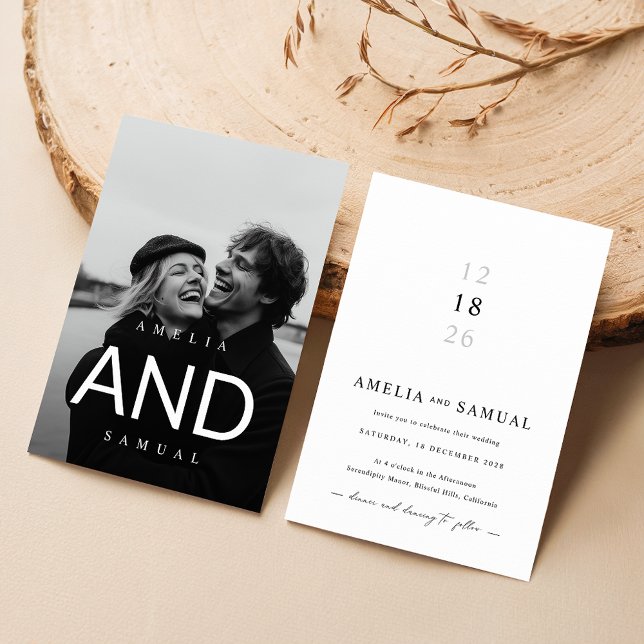 Invitación Boda de fotografía moderna del Boho Blanco y Negro (Subido por el creador)