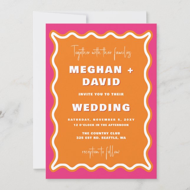 Invitación Boda de fotografía Naranja rosa ondulado retro Squ (Anverso)