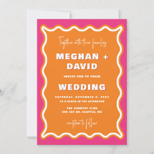 Invitación Boda de fotografía Naranja rosa ondulado retro Squ