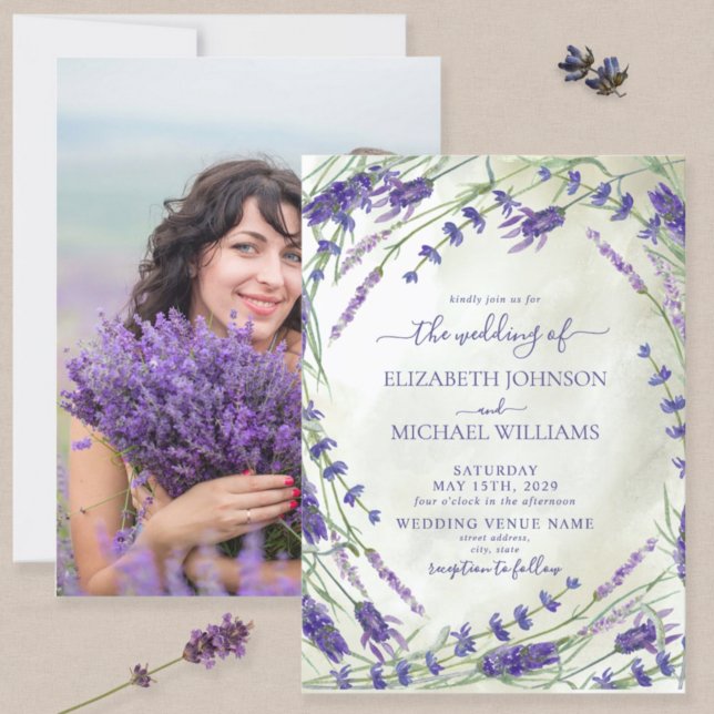 Invitación Boda de fotografía por acuarela botánica de lavand (Subido por el creador)