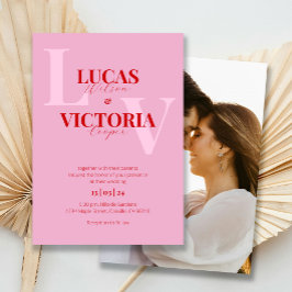 Invitación Boda de fotografía rojo y rosa brillante en negrit