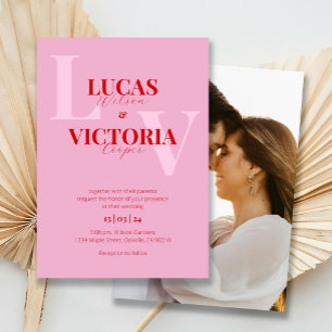 Invitación Boda de fotografía rojo y rosa brillante en negrit