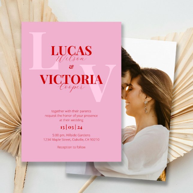 Invitación Boda de fotografía rojo y rosa brillante en negrit (Subido por el creador)