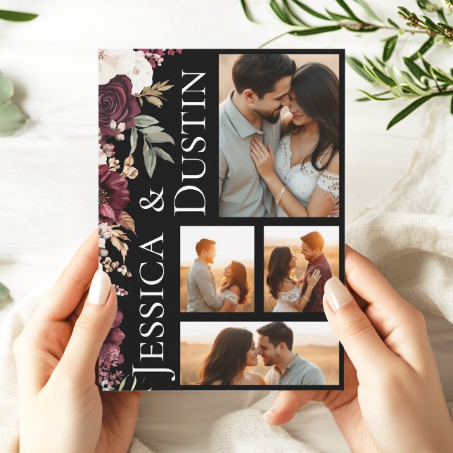 Invitación Boda de fotografía romántica y floral borgoñona mo (Modern Burgundy Pink Floral Photo Collage Wedding Invitation)