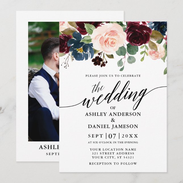 Invitación Boda de fotografía rosa con caligrafía floral borg (Anverso / Reverso)