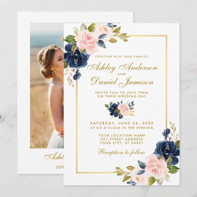 Invitación Boda de fotografía rosa Rubor Blue Floral Gold (Anverso / Reverso)