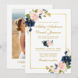 Invitación Boda de fotografía rosa Rubor Blue Floral Gold