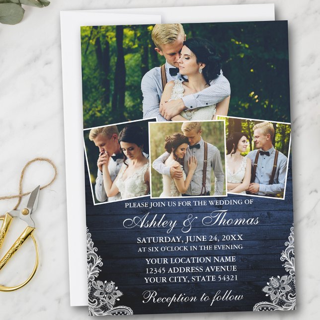 Invitación Boda de fotografía Rustic Blue Wood Lace 4 (Customize to add more text or more photos to back of card.)