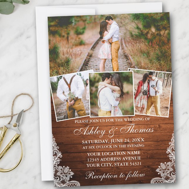 Invitación Boda de fotografía Rustic Wood Lace 4 (Customize to add more text or more photos to back of card.)