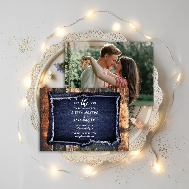 Invitación Boda de fotografía rustica de Denim Casual Save Da (rustic wedding save the date barn wood denim ranch country western hand written blue white brown)