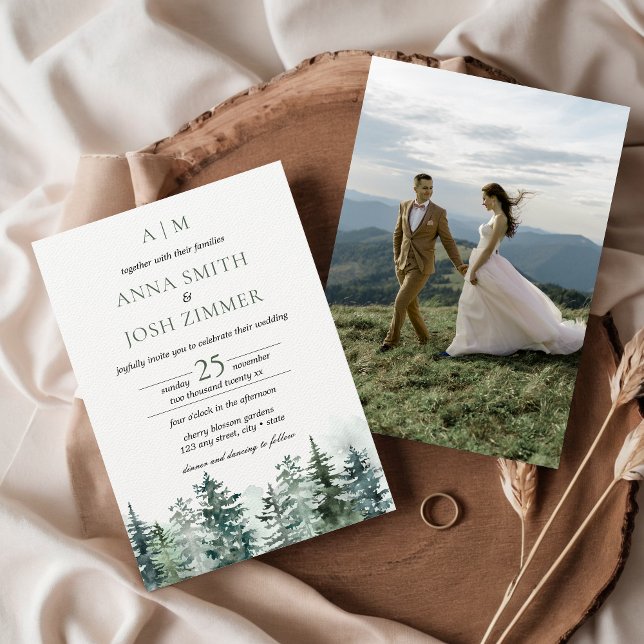 Invitación Boda de fotografía rústica de la selva acuática (Pine Tree Forest Mountain Rustic Outdoor Camping Greenery  Photo Wedding Invitation)