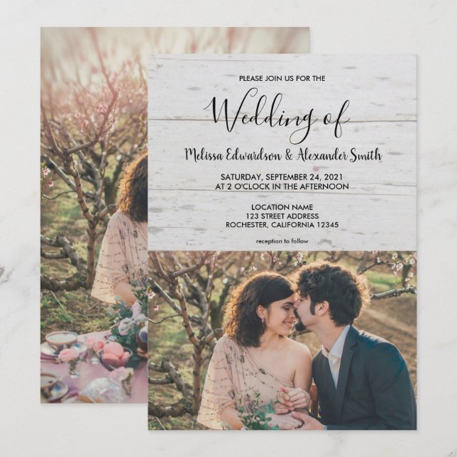 Invitación Boda de fotografía rústico de campo de la madera d (Anverso / Reverso)