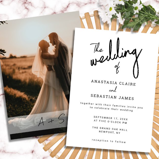 Invitación Boda de fotografía simple y moderna en blanco y ne (Simple Modern Black and White Photo Wedding Invitation)